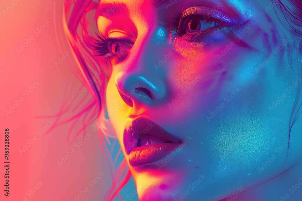 a woman with a neon makeup and a pink background Smooth gradients blending together to communicate emotions without words a woman with a neon makeup and a pink background Smooth gradients blending together to communicate emotions without words