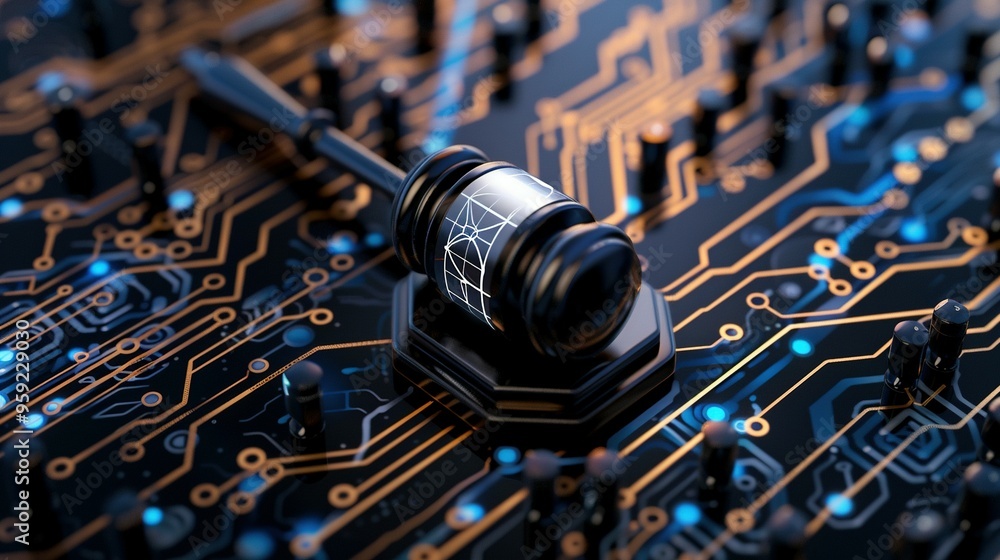 Gavel on a Circuit Board Representing Digital Law Gavel on a Circuit Board Representing Digital Law
