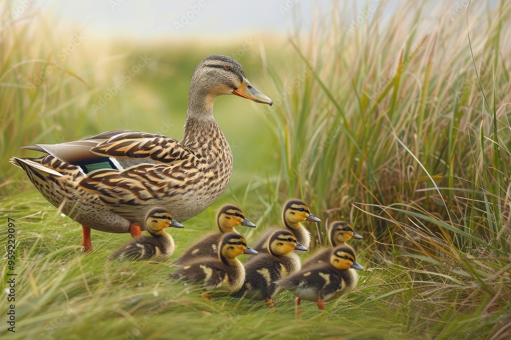 a painting of a duck and her ducklings Sweet ducklings following their mother through tall grass a painting of a duck and her ducklings Sweet ducklings following their mother through tall grass