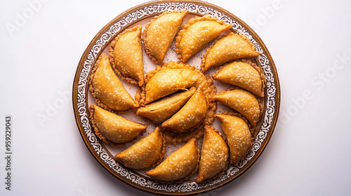 Top view of gujia sweets in plate isolated on white background  photo