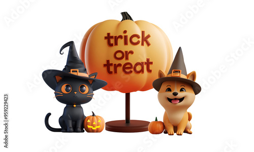 Cartoon Banner with Text Copy Space: Halloween Celebration with 3D Pets, Dog and Cat Trick or Treat, Isolated on Transparent Background, PNG