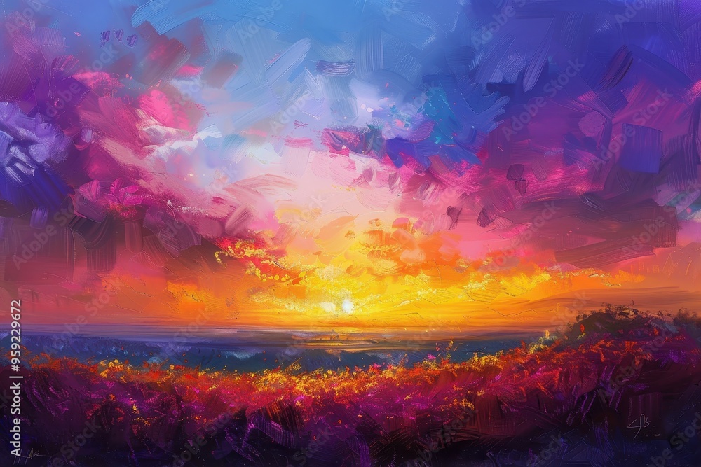 a painting of a sunset over a field delicate interplay of colors in a vibrant sunset over a serene landscape a painting of a sunset over a field delicate interplay of colors in a vibrant sunset over a serene landscape