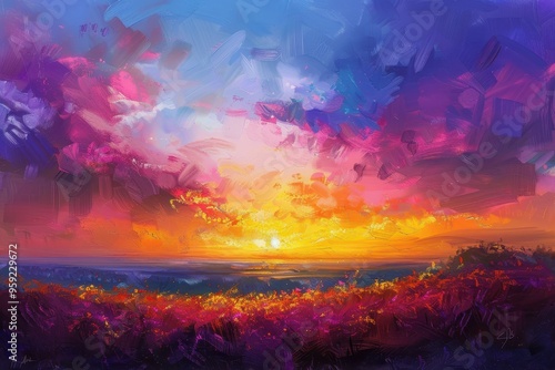 a painting of a sunset over a field delicate interplay of colors in a vibrant sunset over a serene landscape