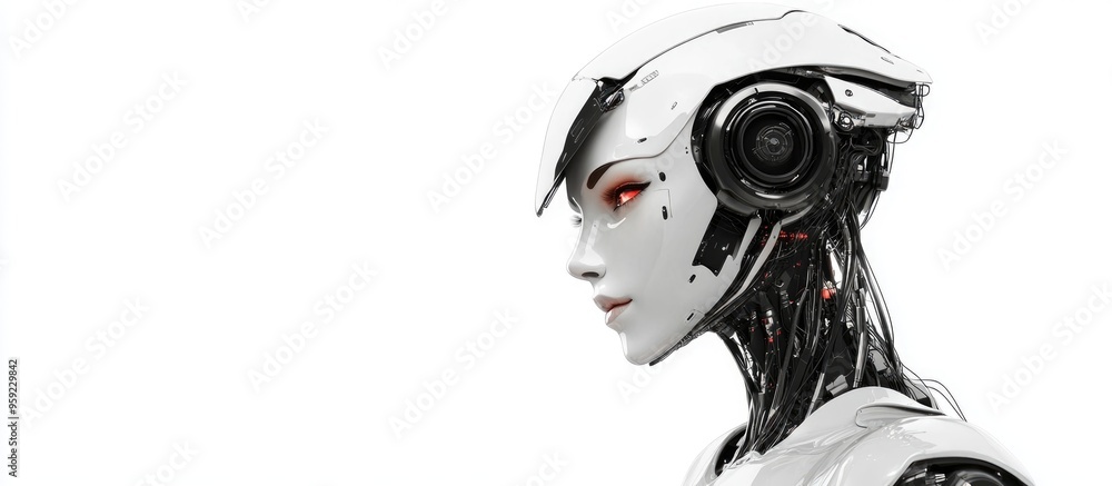 3D rendering of an isolated female robot against a white backdrop 3D rendering of an isolated female robot against a white backdrop