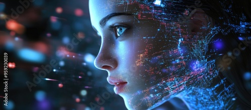 Futuristic sci fi female character in a digital landscape exploring the realm of neural networks and artificial intelligence presented as a 3D render