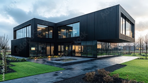 Modern Black Office Building with Glass Windows and Landscaping