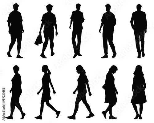 Collection people silhouettes walking, Men and women vector isolated on white background