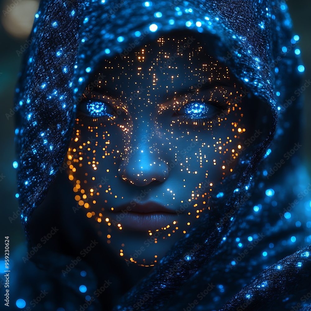 A blue digital hacker with glowing binary code, AI in cybersecurity systems, threat detection algorithms, penetration testing tools, and digital forensics analysis. cybercrime, cyber attack design, A blue digital hacker with glowing binary code, AI in cybersecurity systems, threat detection algorithms, penetration testing tools, and digital forensics analysis. cybercrime, cyber attack design,