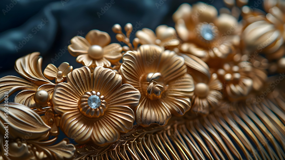 Closeup of Gold Floral Hair Comb with Rhinestones Closeup of Gold Floral Hair Comb with Rhinestones