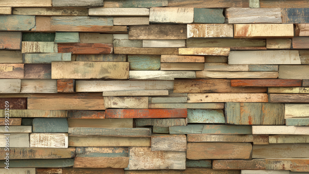 Reclaimed wood wall with multicolored planks Reclaimed wood wall with multicolored planks