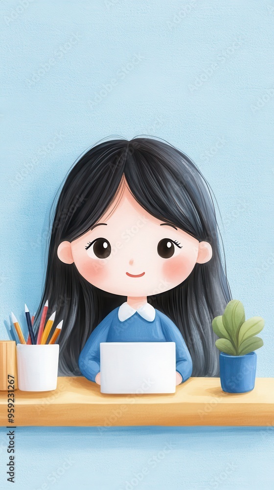 A cheerful girl sitting at her desk, working on a laptop with art supplies and a plant nearby, showcasing creativity and productivity. A cheerful girl sitting at her desk, working on a laptop with art supplies and a plant nearby, showcasing creativity and productivity.
