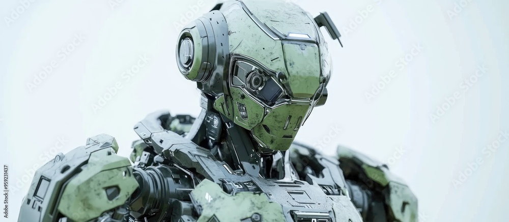 Futuristic mech soldier with green and gray metallic armor stands against a white background featuring a scratched surface and pilot control Sci fi robot battle scene 3D rendering Futuristic mech soldier with green and gray metallic armor stands against a white background featuring a scratched surface and pilot control Sci fi robot battle scene 3D rendering