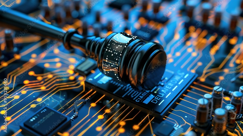 Gavel on a Circuit Board Representing Cyber Law Gavel on a Circuit Board Representing Cyber Law