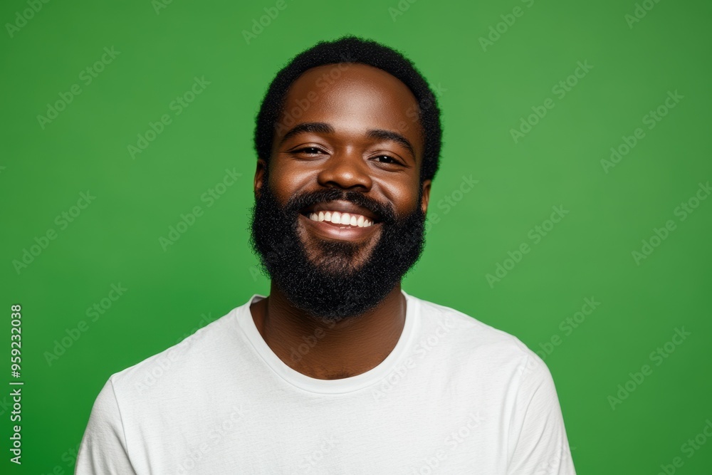 Fototapeta premium Smiling Bearded Man with a Warm Expression Against Green Background. Generative AI.
