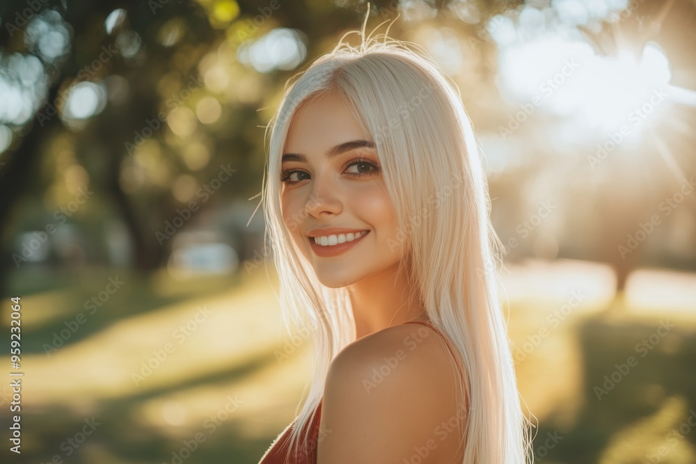 Radiant Blonde Woman Smiling in the Sunlight Outdoors. Generative AI. Radiant Blonde Woman Smiling in the Sunlight Outdoors. Generative AI.