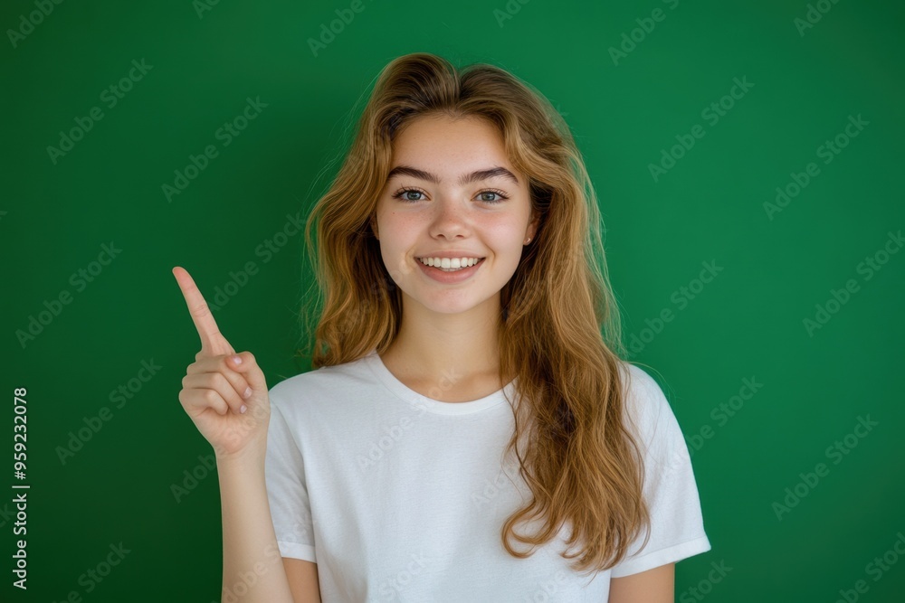 Smiling Young Woman Pointing Up in a White Shirt. Generative AI. Smiling Young Woman Pointing Up in a White Shirt. Generative AI.