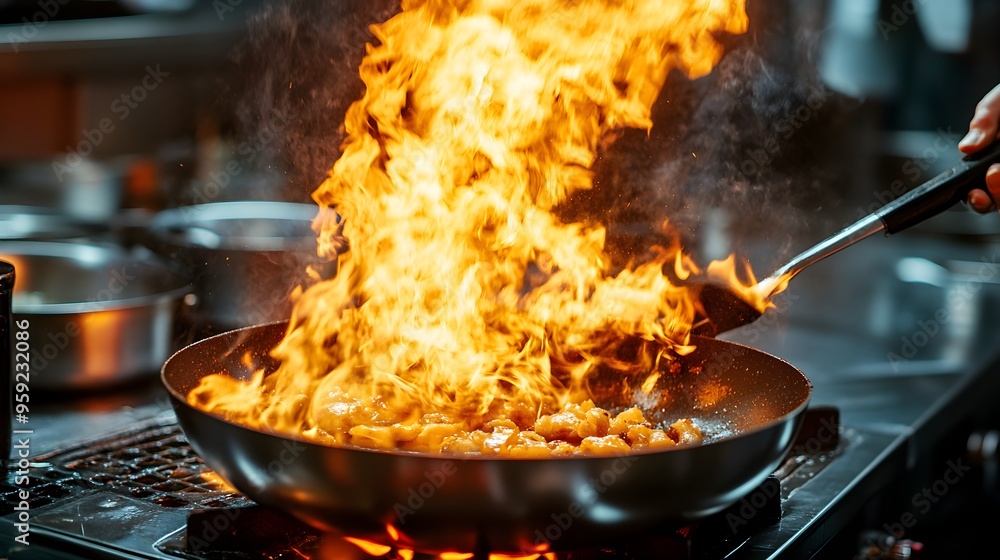 Close-up of a fiery pan, flames rising as a chef expertly flips ingredients, heat and intensity in every motion, chaotic yet controlled atmosphere Close-up of a fiery pan, flames rising as a chef expertly flips ingredients, heat and intensity in every motion, chaotic yet controlled atmosphere