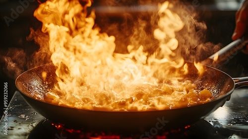 Close-up of a fiery pan, flames rising as a chef expertly flips ingredients, heat and intensity in every motion, chaotic yet controlled atmosphere