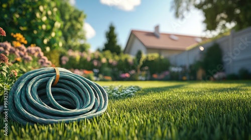 Bundle of garden hoses resting on a freshly mowed lawn in a summer garden setting