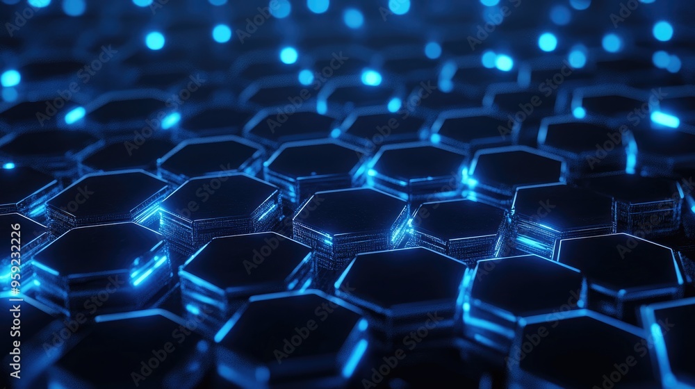 Abstract low poly hexagonal background featuring dark tones and blue glow elements Conceptual HUD design 3D rendering Abstract low poly hexagonal background featuring dark tones and blue glow elements Conceptual HUD design 3D rendering