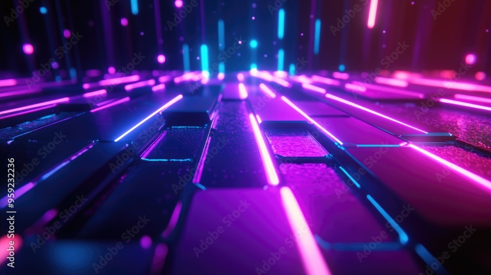 3D rendering of a glowing neon laser beam in purple and blue on a dark abstract hexagonal sci fi stage 3D rendering of a glowing neon laser beam in purple and blue on a dark abstract hexagonal sci fi stage