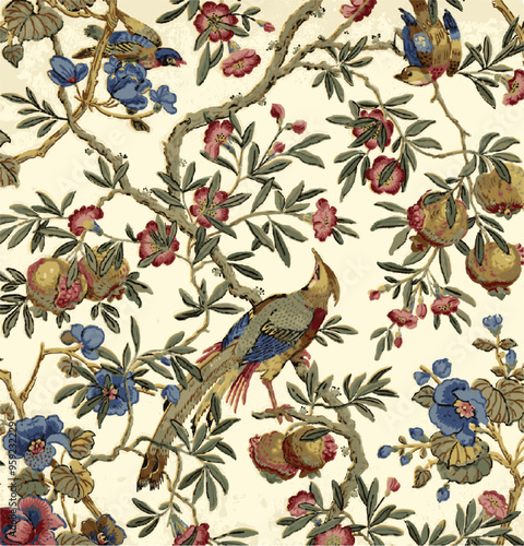 Chinoiserie pattern featuring foliage, flowers, exotic birds and fruits in a stylized vintage design.