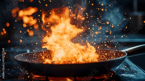 Close-up of a skillet engulfed in flames, with vibrant orange sparks flying, reflecting the urgency of a kitchen accident, heat distorting the air photo