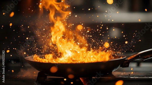 Close-up of a skillet engulfed in flames, with vibrant orange sparks flying, reflecting the urgency of a kitchen accident, heat distorting the air photo