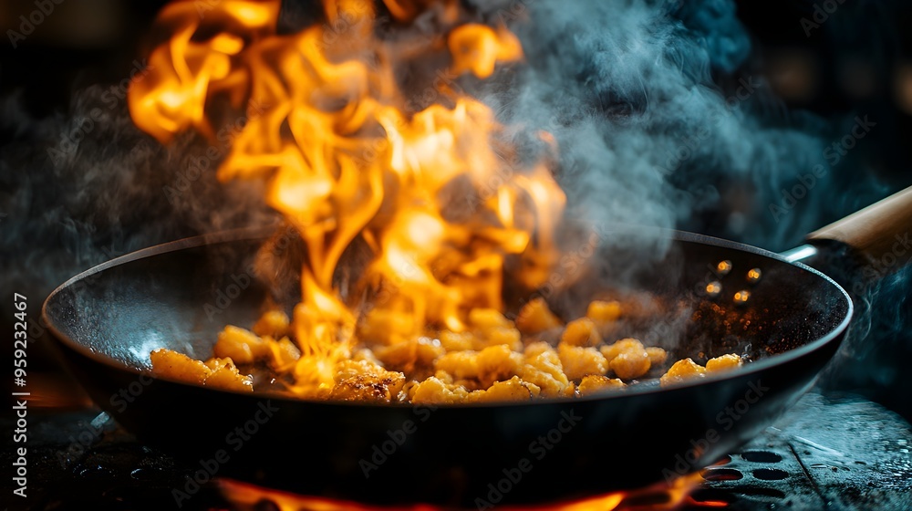 Close-up of food being pan-fried in a fiery blaze, flames curling around the pan, thick smoke creating a moody atmosphere, intense heat Close-up of food being pan-fried in a fiery blaze, flames curling around the pan, thick smoke creating a moody atmosphere, intense heat