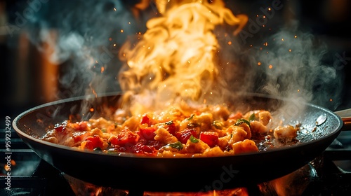 Close-up of food being pan-fried in a fiery blaze, flames curling around the pan, thick smoke creating a moody atmosphere, intense heat