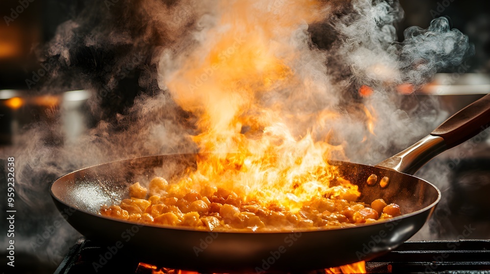 Fire bursts from a pan, with ingredients glowing as they cook, smoke filling the air, the kitchen a scene of culinary chaos and heat, dynamic energy Fire bursts from a pan, with ingredients glowing as they cook, smoke filling the air, the kitchen a scene of culinary chaos and heat, dynamic energy