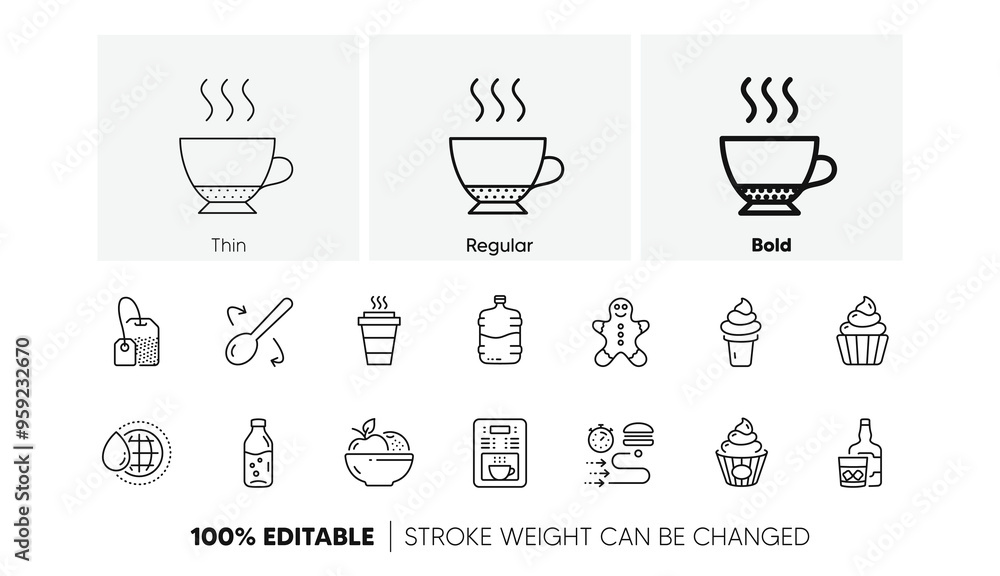 Fruits, Ice cream and Cooking spoon line icons. Pack of Cooler bottle, Takeaway, Gingerbread man icon. Cupcake, Water bottle, Espresso pictogram. Whiskey glass, Cake, World water. Line icons. Vector Fruits, Ice cream and Cooking spoon line icons. Pack of Cooler bottle, Takeaway, Gingerbread man icon. Cupcake, Water bottle, Espresso pictogram. Whiskey glass, Cake, World water. Line icons. Vector