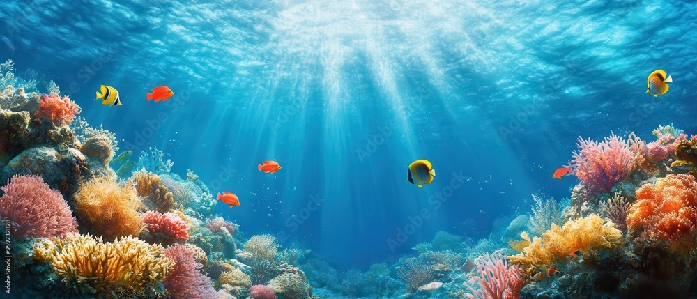 Naklejka premium Vibrant underwater scene showcasing colorful coral reefs and tropical fish illuminated by sun rays penetrating the water.