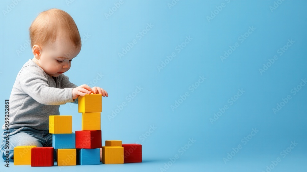 a baby with toy blocks, the toy blocks are staked like a financial bar chart copy space a baby with toy blocks, the toy blocks are staked like a financial bar chart copy space
