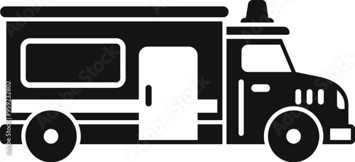 Black silhouette icon of police van standing on street with open door for arresting criminals