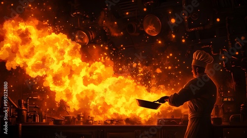 Flames erupting from a pan in a chaotic kitchen, chef tossing vegetables mid-air, intense focus, high detail, hyper-realistic, dark shadows, vibrant colors, urgent energy