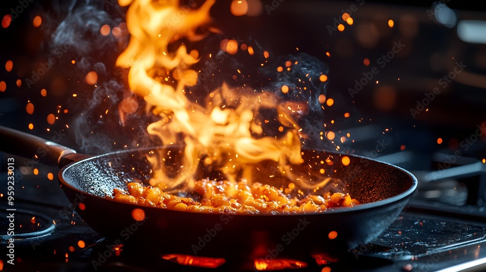 Flames roaring under a cast iron skillet, food sizzling violently, intense heat rising, kitchen chaos as fire ignites pan, high-contrast lighting, dynamic action Flames roaring under a cast iron skillet, food sizzling violently, intense heat rising, kitchen chaos as fire ignites pan, high-contrast lighting, dynamic action