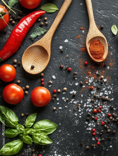 Fresh ingredients with herbs, spices, and wooden spoons on dark slate background