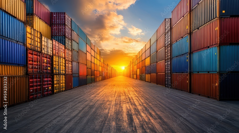 Fototapeta premium Rows of colorful shipping containers tower in a container yard as the sun sets, casting warm hues across the asphalt path