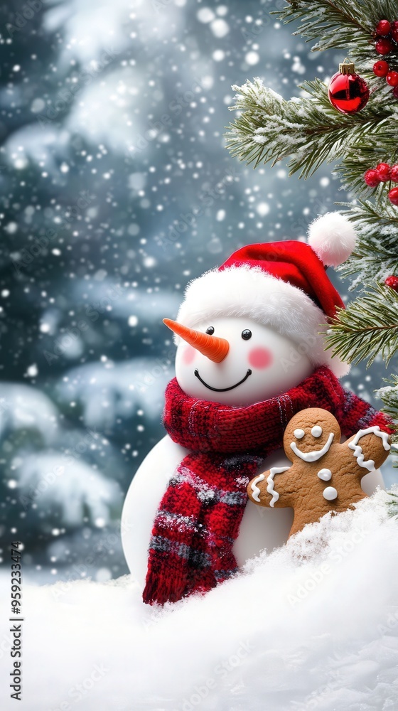 Christmas snowman and gingerbread man in the snow by a tree, copy space, card Christmas snowman and gingerbread man in the snow by a tree, copy space, card