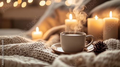 Cup of hot drink in autumn, Hot Choclate with candels on a cold day