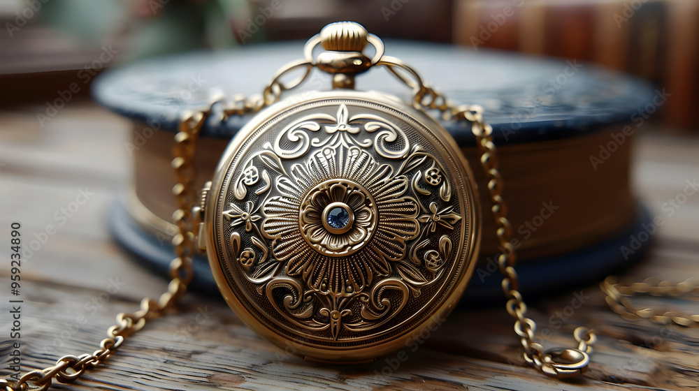 Ornate Gold Pocket Watch with Chain on Wooden Surface - Realistic Image Ornate Gold Pocket Watch with Chain on Wooden Surface - Realistic Image