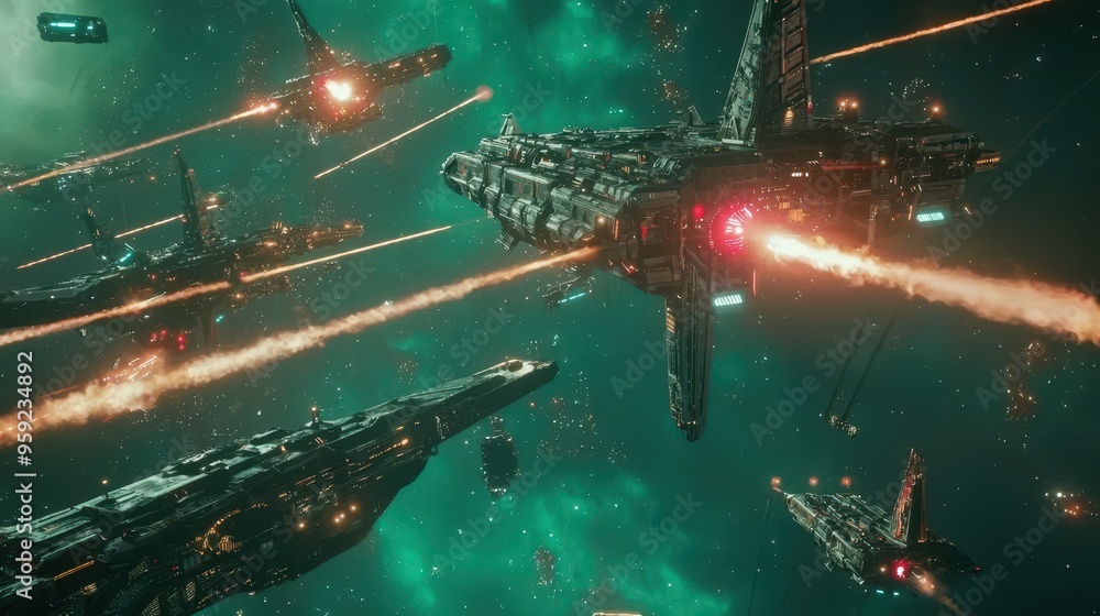 Futuristic Spaceship Fleet in Deep Space Battle Futuristic Spaceship Fleet in Deep Space Battle