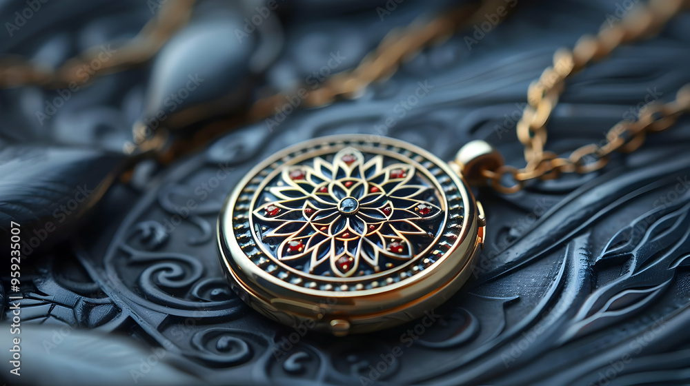 Intricate Gold Pendant with Red Gemstones and Blue Enamel - Realistic Photo Intricate Gold Pendant with Red Gemstones and Blue Enamel - Realistic Photo
