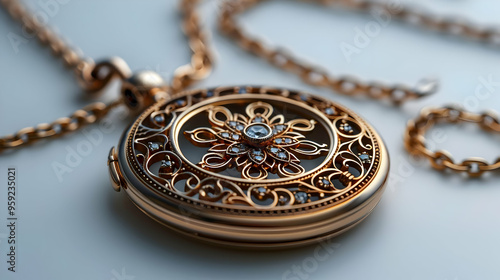 Golden Pendant with Intricate Floral Design and Diamonds Illustration