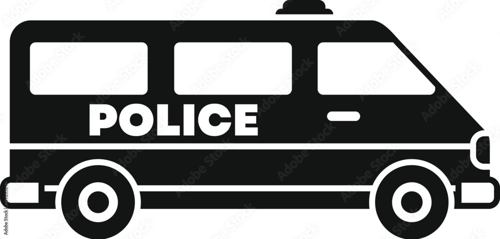 Simple black and white icon of a police van, useful for quickly identifying law enforcement vehicles Simple black and white icon of a police van, useful for quickly identifying law enforcement vehicles