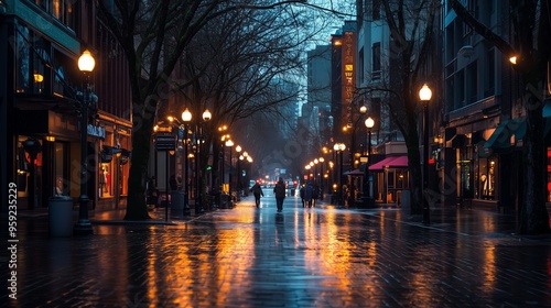 A quiet evening stroll on a rain-soaked street lined with glowing street lamps in a city