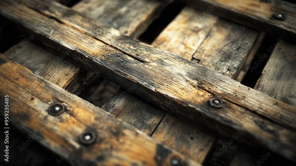 Close-up of a weather-beaten wooden pallet, rendered in a steampunk aesthetic, sepia tones, intricate details, metallic accents blending with wood textures Close-up of a weather-beaten wooden pallet, rendered in a steampunk aesthetic, sepia tones, intricate details, metallic accents blending with wood textures