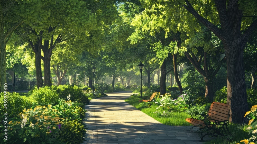 Lush Garden Pathway with Benches Offering a Peaceful Retreat