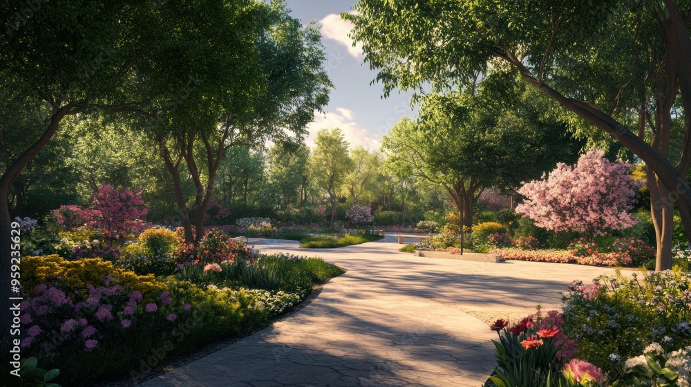 Fototapeta premium Enchanting Garden Path Surrounded by Lush Foliage and Blooming Flowers in a Serene Nature Setting